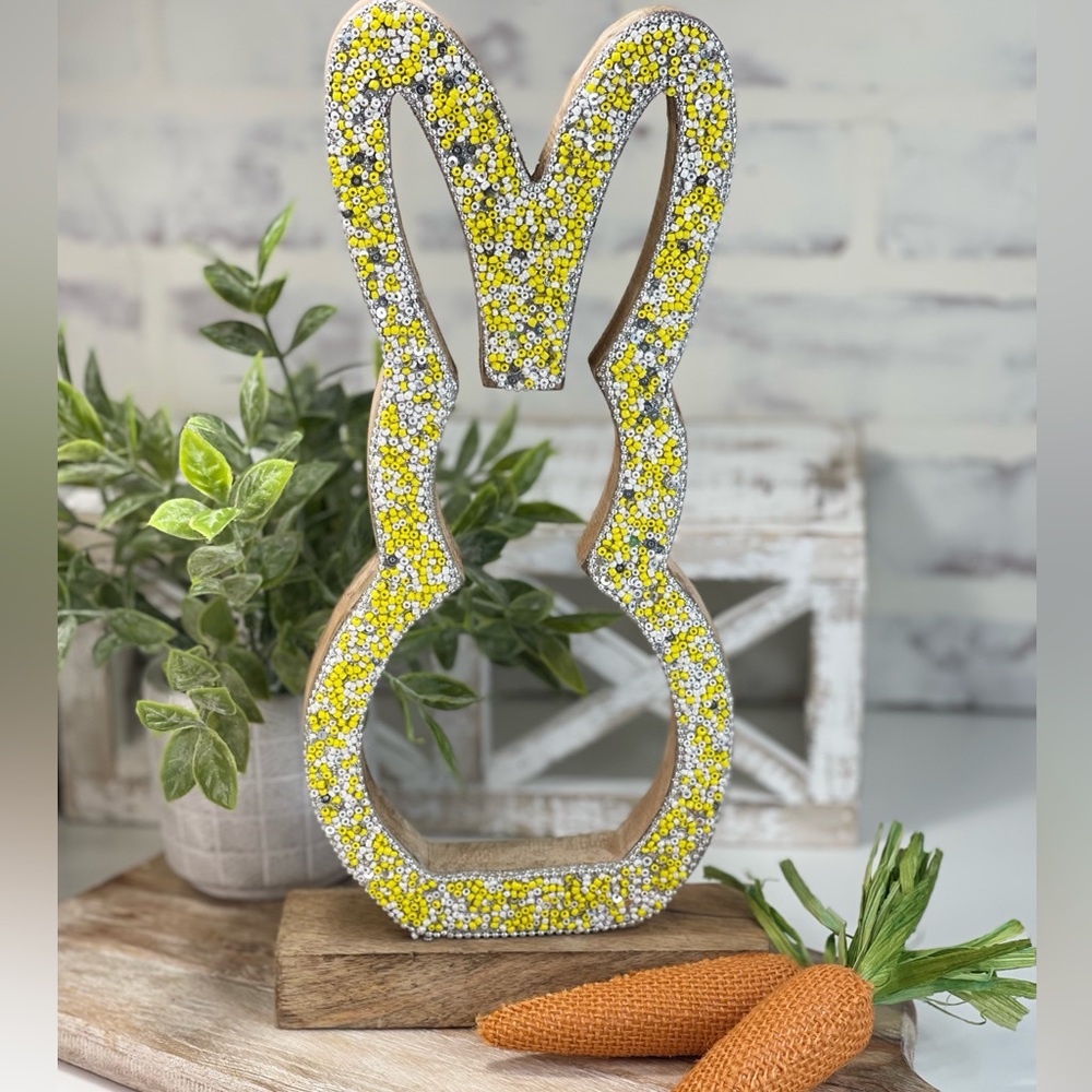 Bunny Wood Silhouette with Yellow & White Beaded Accents